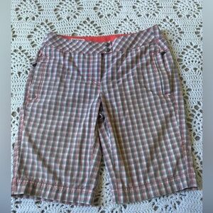 Cutter and Buck Annika Shorts Womens Size 6 Orange Plaid Mid Rise Bermuda
